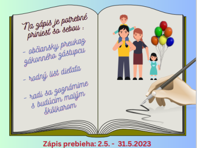 Slávnostný zápis bude prebiehať 2.5.2023 - 31.5.2023 do materskej školy KZŠ s MŠ